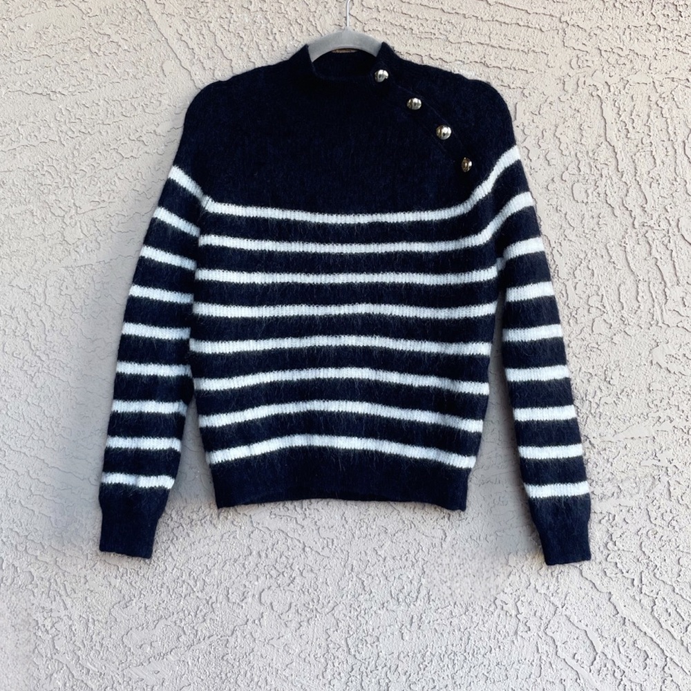 SEZANE Navy Blue & White Striped Alpaca Wool Sweater Fuzzy Preppy Trudy Jumper - Picture 8 of 16
